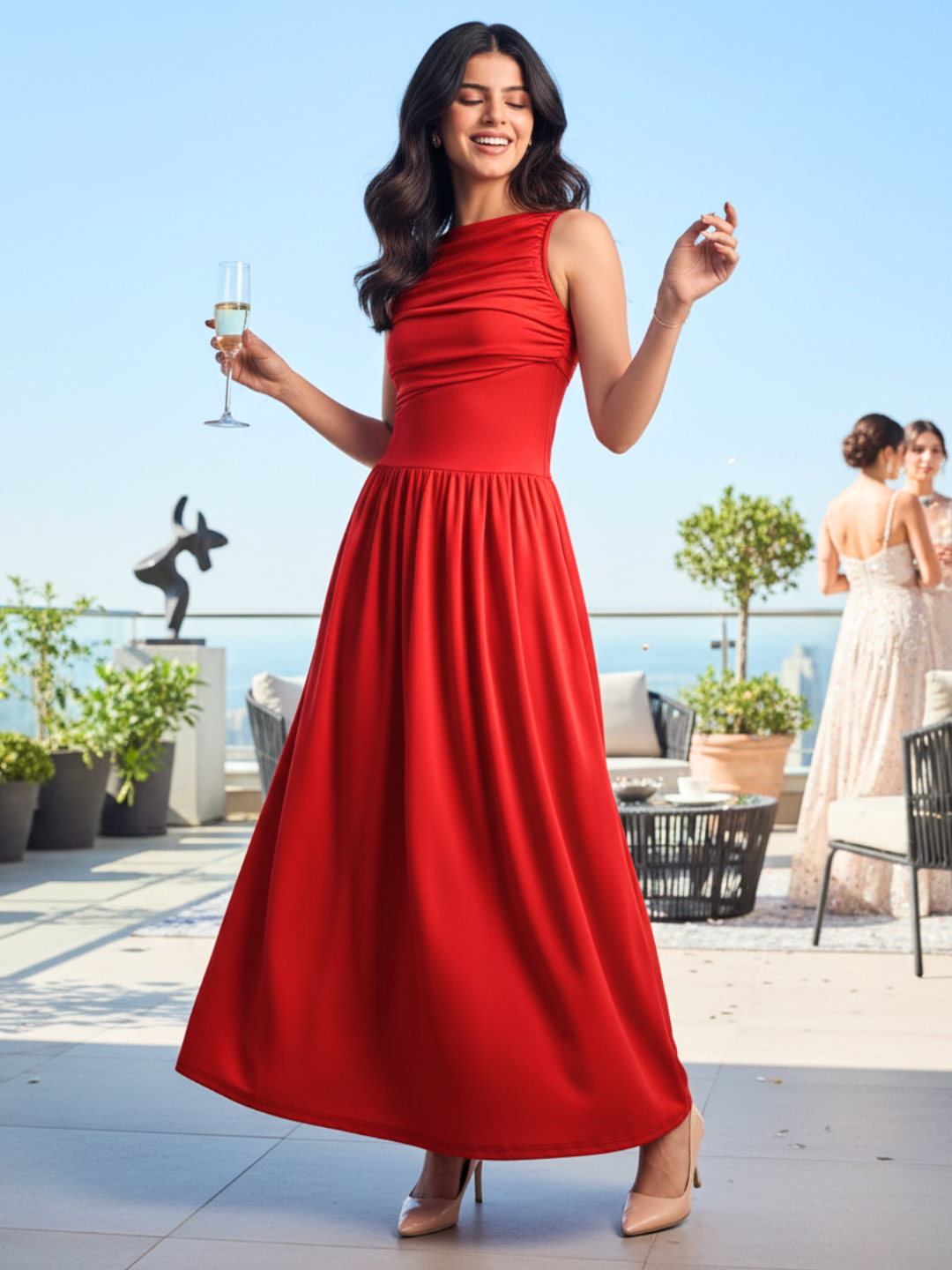 Stretchable Gathered Drop Waist Maxi Dress - Pinkkup