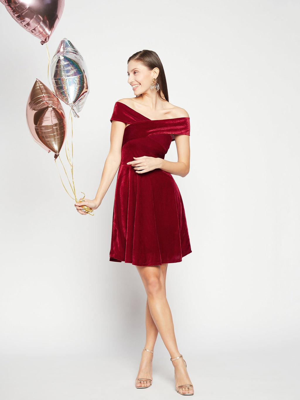 Off Shoulder Stretchable Velvet Skater Dress