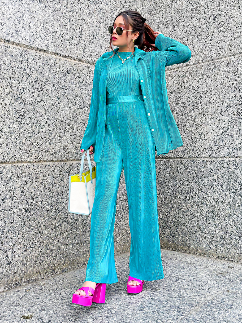 On the Go Two Piece Pleated Shirt & Pants Co-ord set - Pinkkup