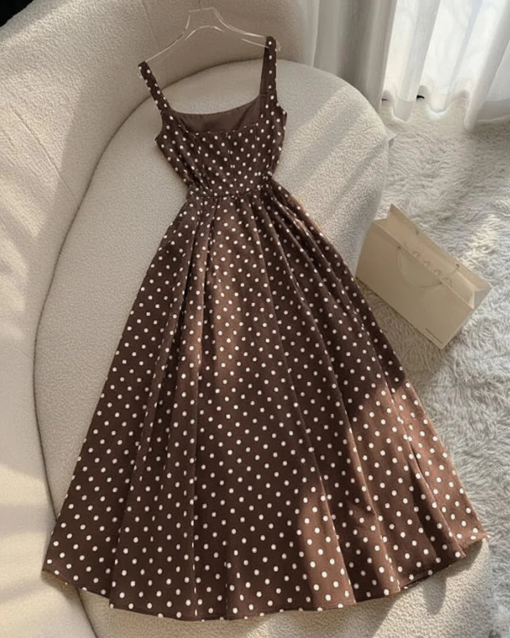 Brown Polka Dot Print Spaghetti Strap Sleeveless A-Line Midi Dress