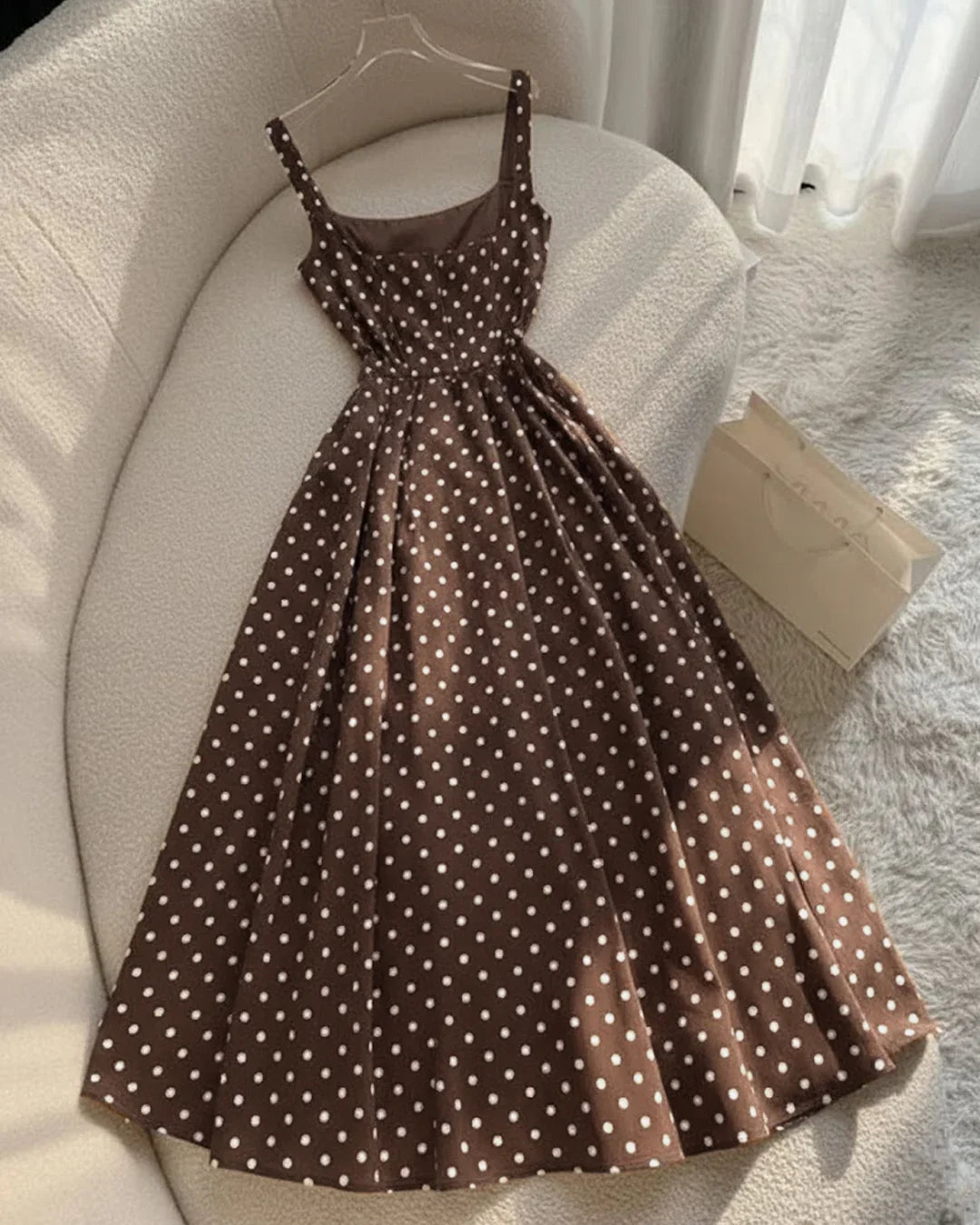 Brown Polka Dot Print Spaghetti Strap Sleeveless A-Line Midi Dress