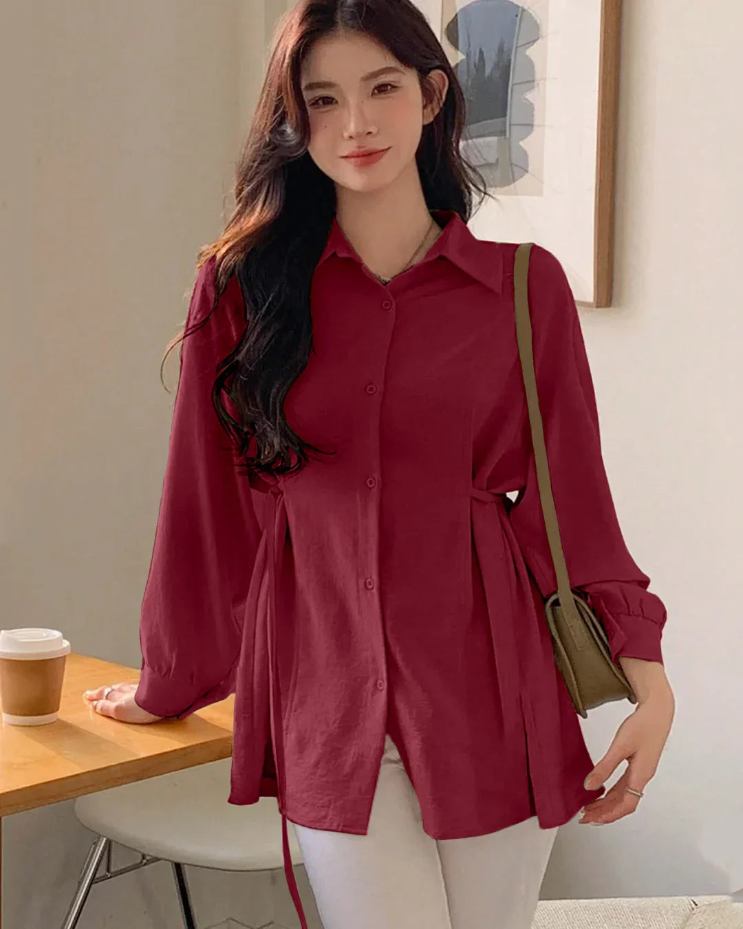 Pleated Button Down Full Sleeve Shirt in Cherry
