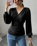 Black Crossover V Neck Ruffled Waist Bubble Long Sleeve Top