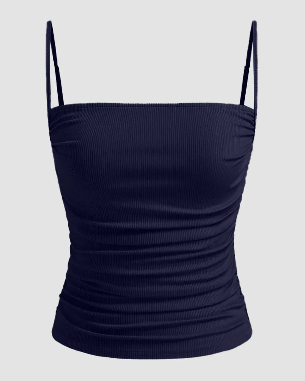 Ruched Fitted Sleeveless Top with Spaghetti Straps in Navy Blue