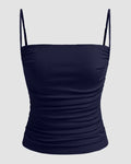 Ruched Fitted Sleeveless Top with Spaghetti Straps in Navy Blue