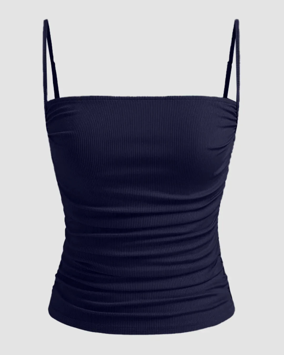 Ruched Fitted Sleeveless Top with Spaghetti Straps in Navy Blue