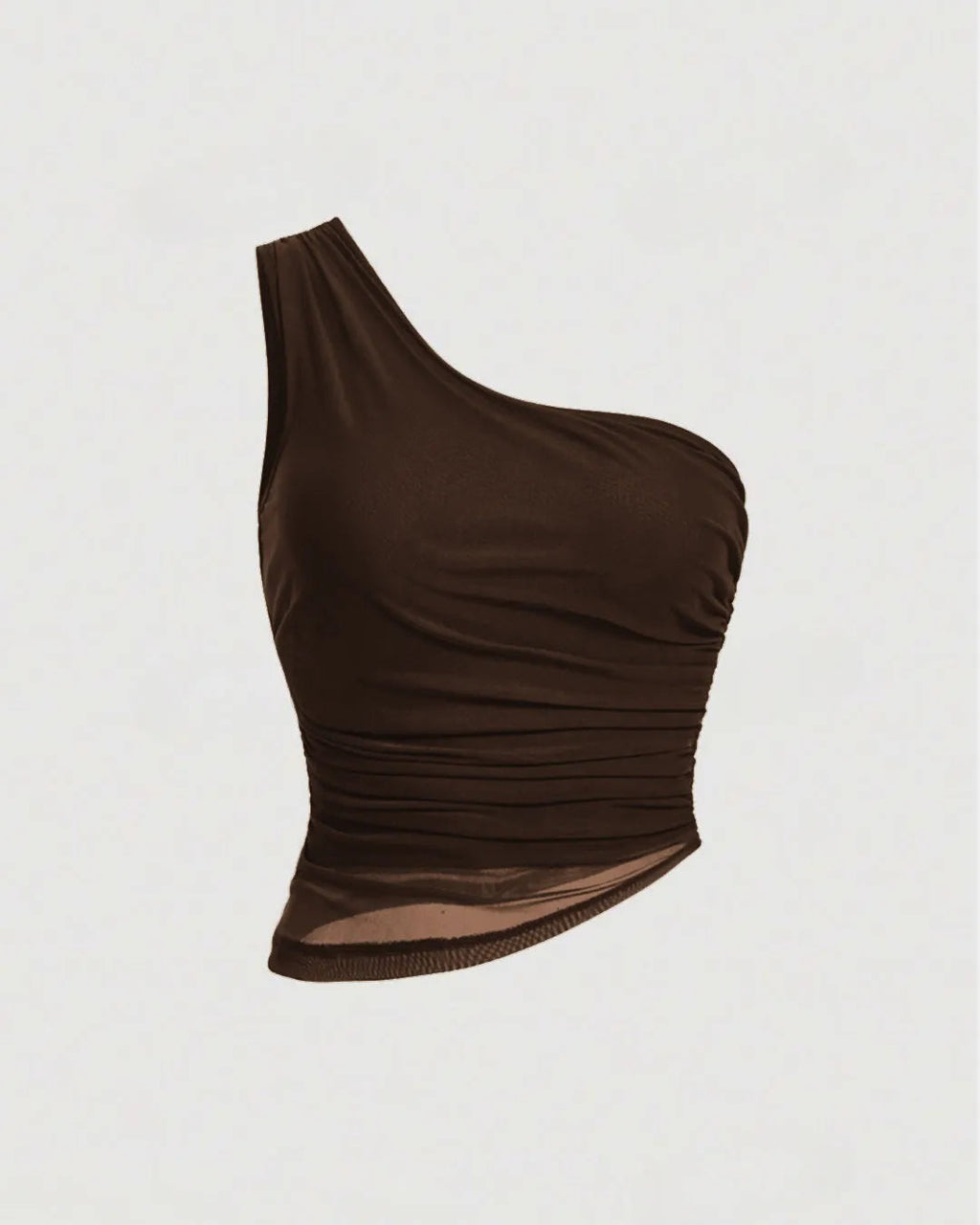 Solid Asymmetrical Neck Ruched Detail Coco Brown Crop Top