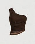Solid Asymmetrical Neck Ruched Detail Coco Brown Crop Top