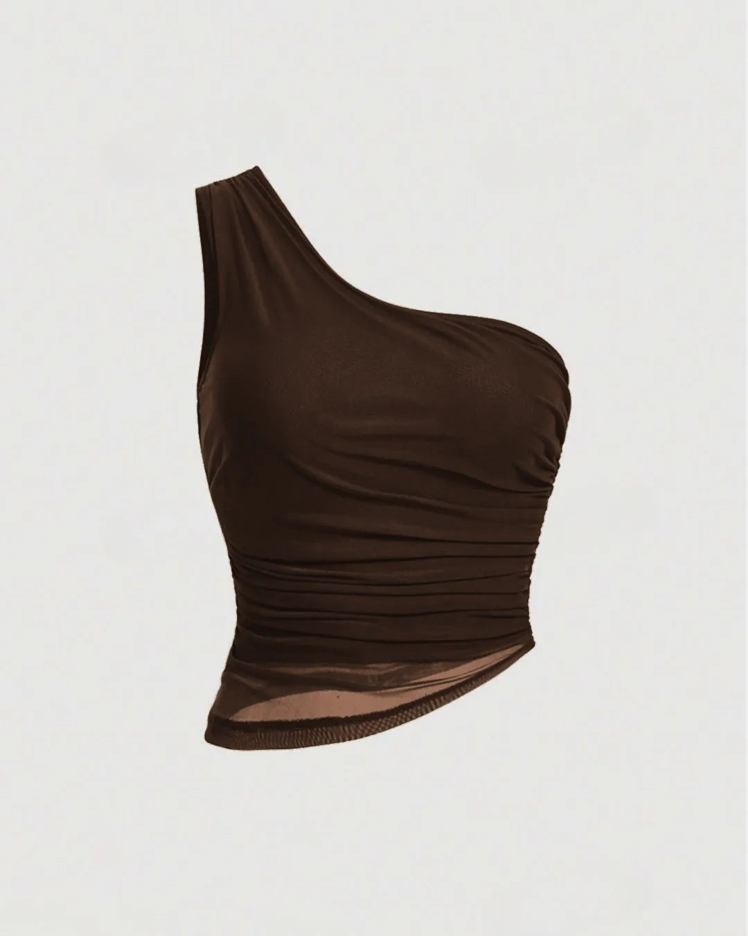 Solid Asymmetrical Neck Ruched Detail Coco Brown Crop Top