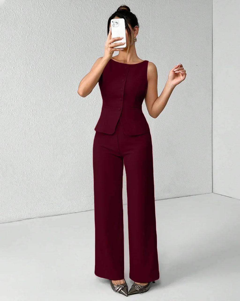 Burgundy Sleeveless Button Vest & Wide-Leg Trousers Co-ords Set