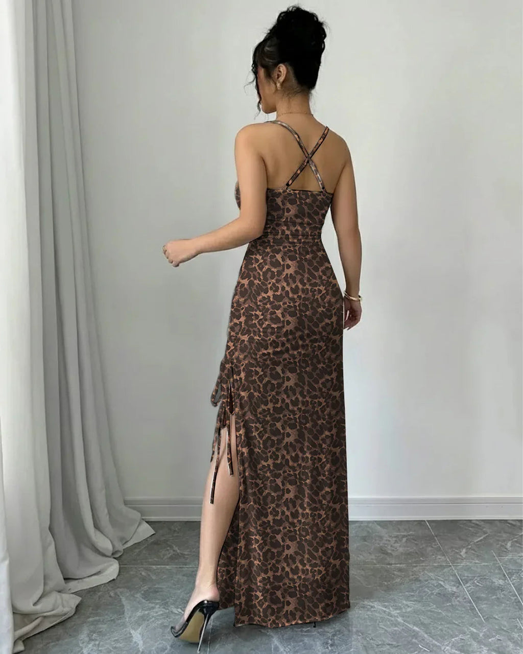 Leopard Print Square Neck Spaghetti Strap Slit Maxi Dress