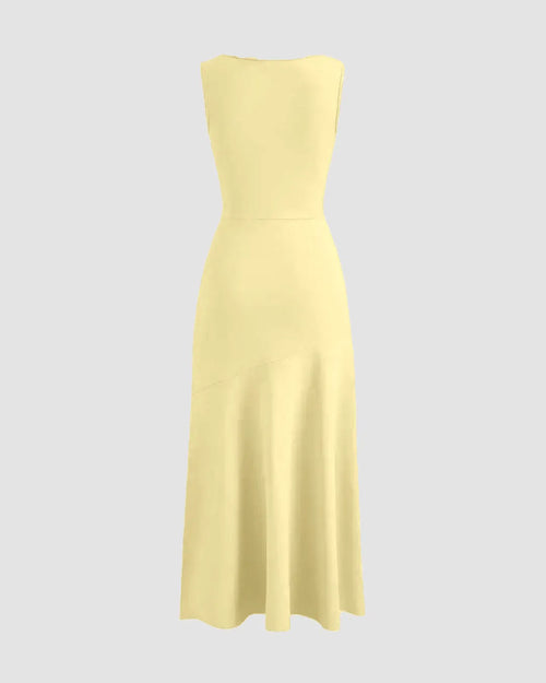 Boat Neck Solid Ruffle Ruched Vanilla Maxi Dress