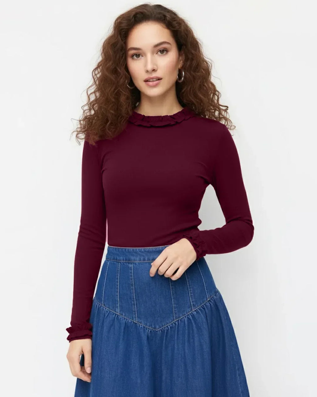 Round Neckline Long Sleeve Ruffle Trim Top in Burgundy