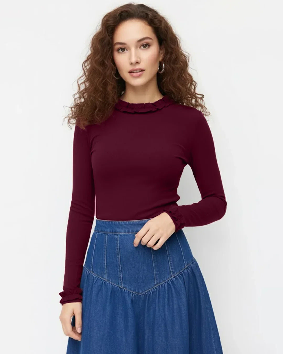 Round Neckline Long Sleeve Ruffle Trim Top in Burgundy
