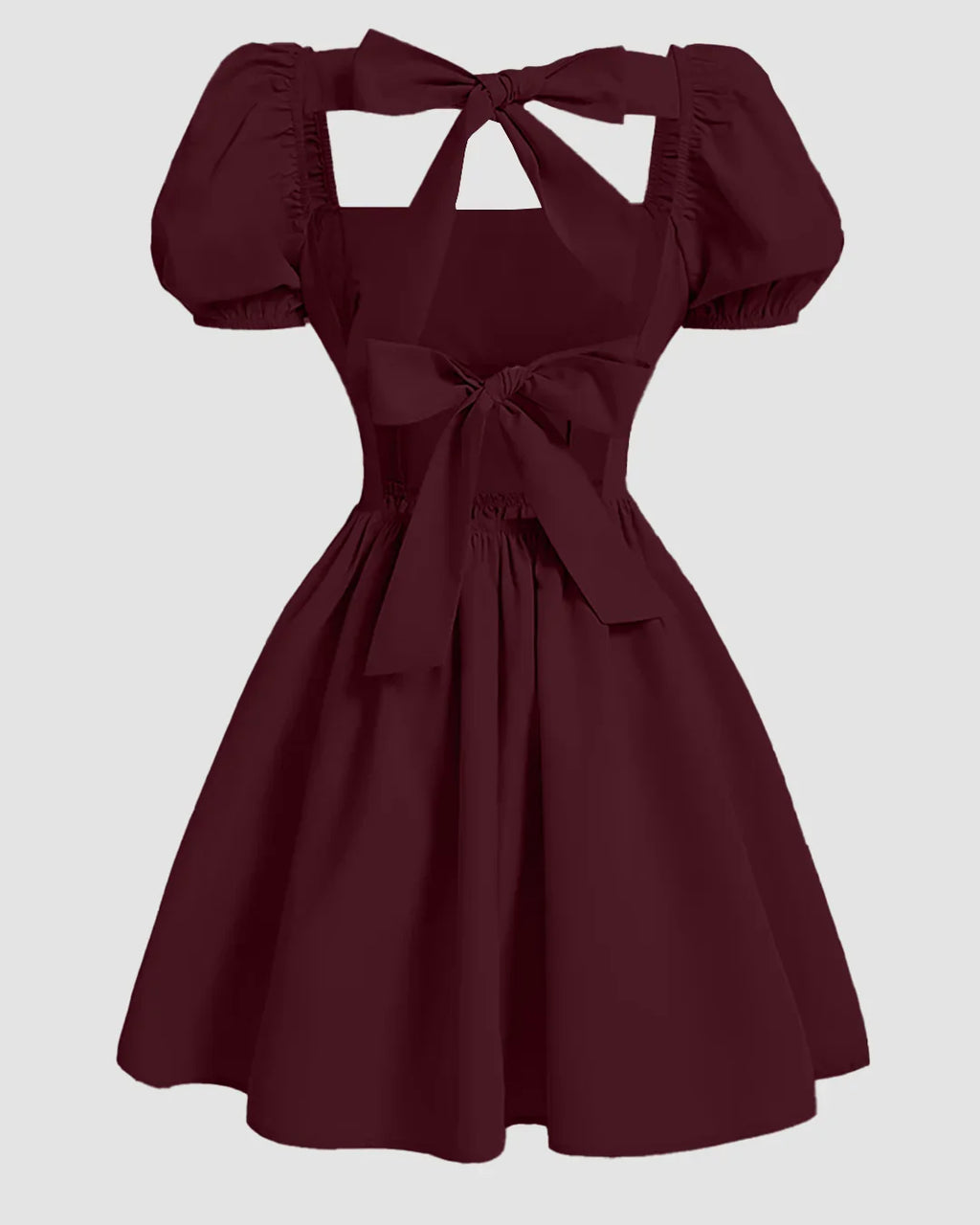 Sweetheart Neck Puff Sleeve Bow Back Mini Dress in Maroon