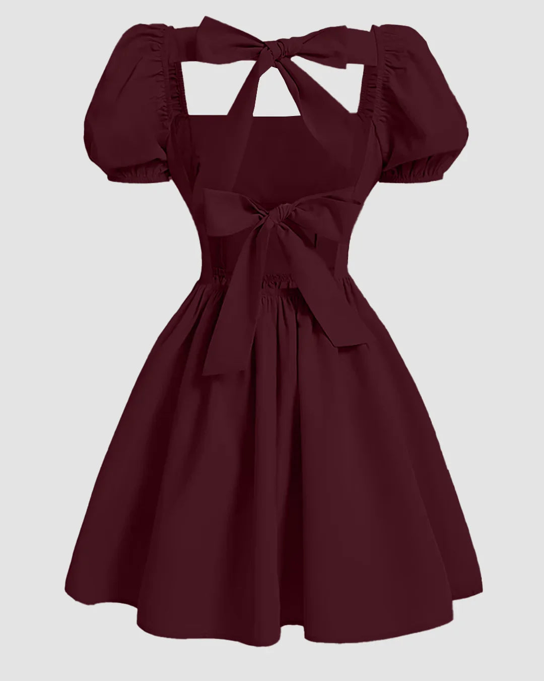 Sweetheart Neck Puff Sleeve Bow Back Mini Dress in Maroon