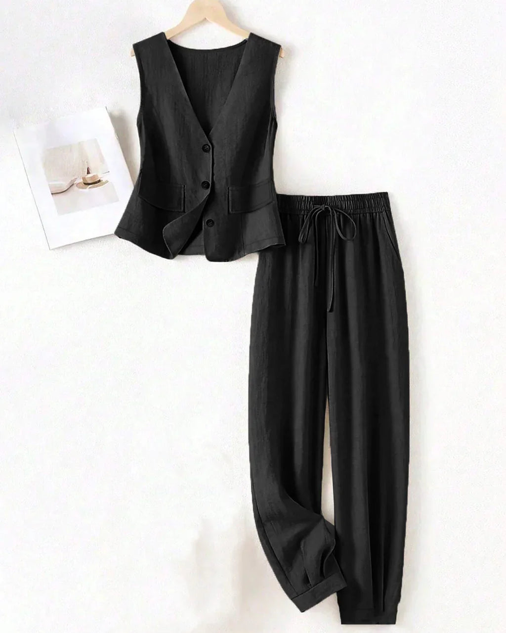 Sleeveless Button Vest & Relaxed Fit Trousers Set in Black