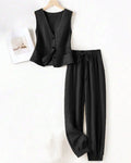 Sleeveless Button Vest & Relaxed Fit Trousers Set in Black