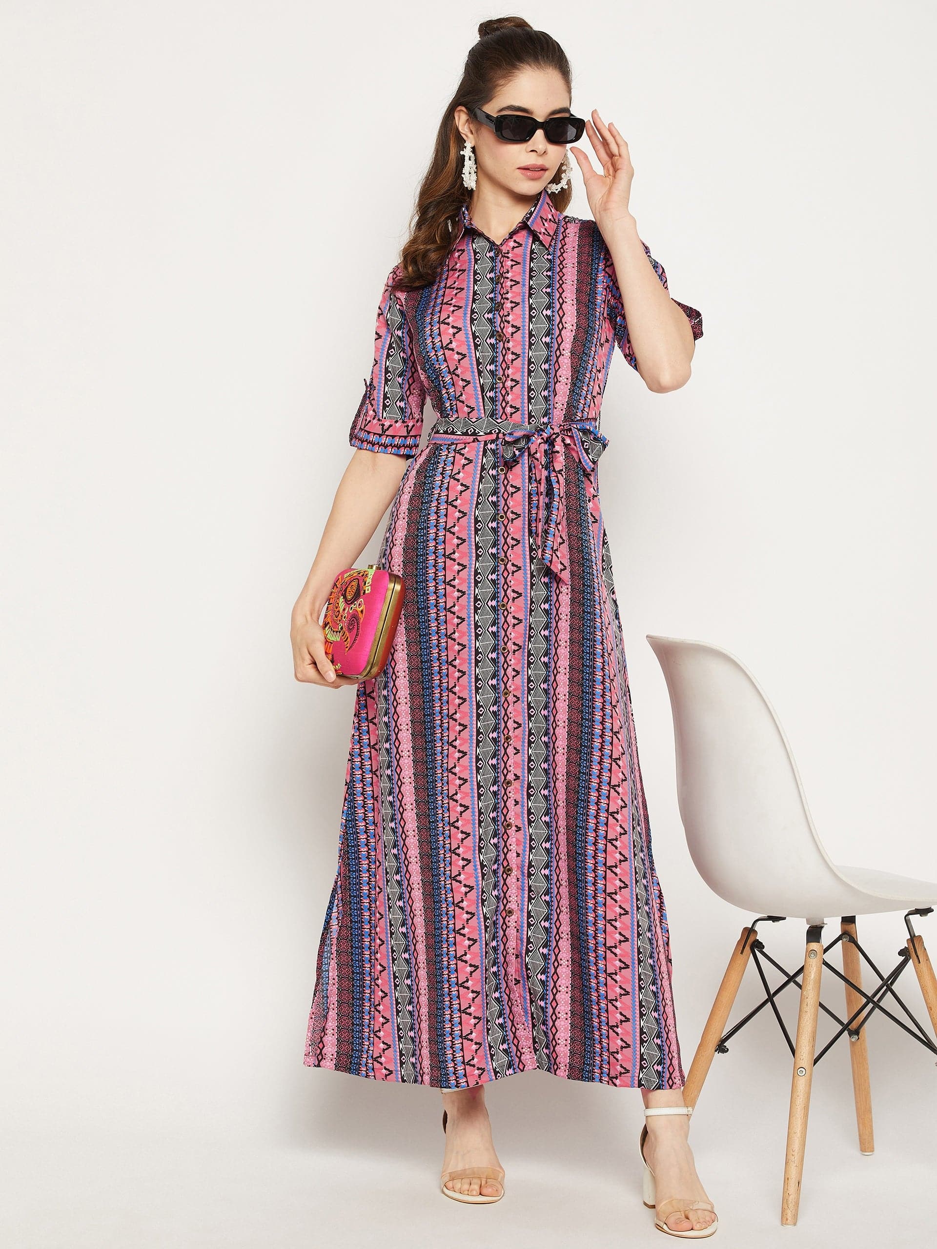 Collar Buttoned Down Shirt Maxi Dress - Pinkkup