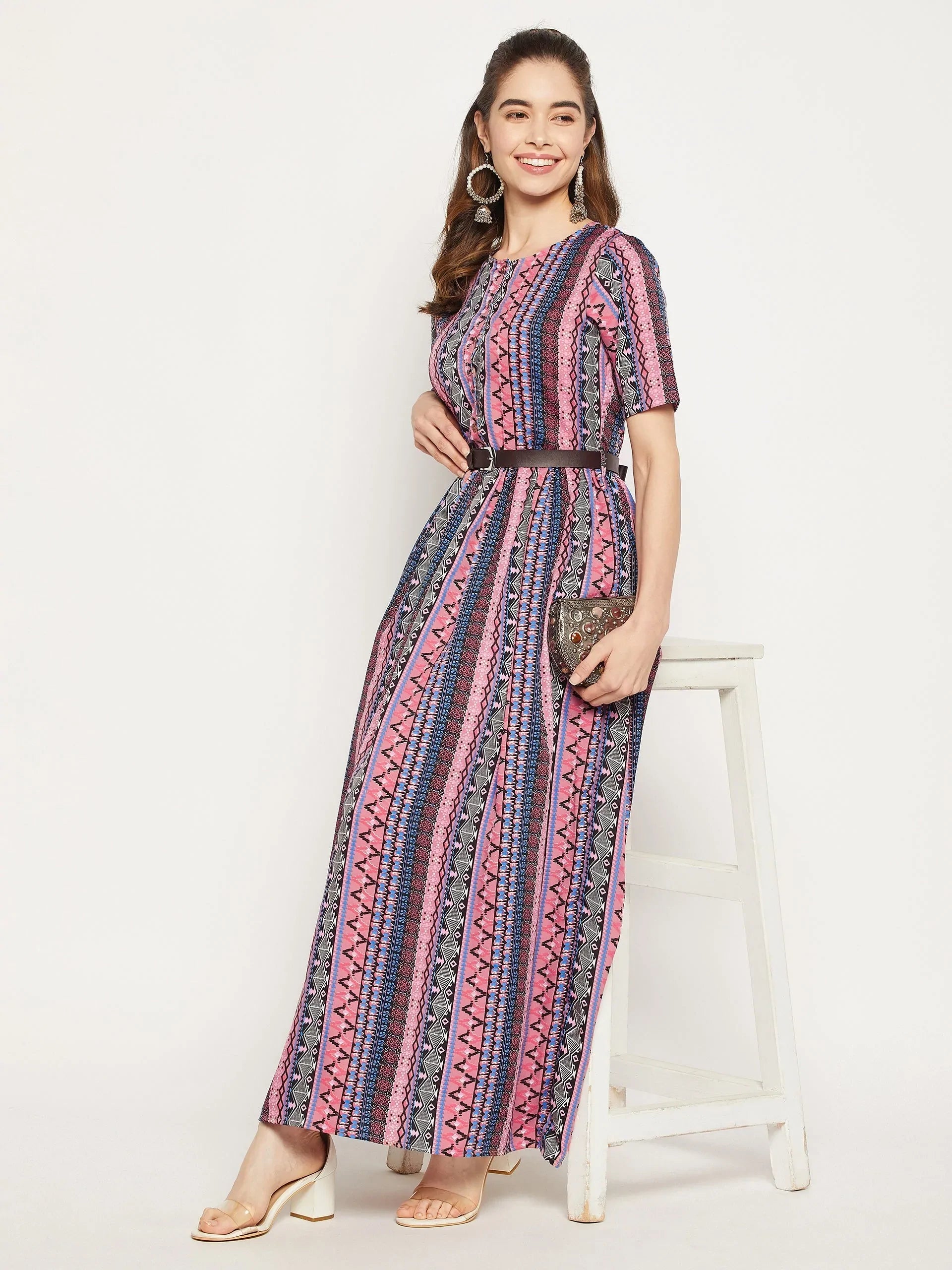 Printed Maxi Dress with Belt - Pinkkup