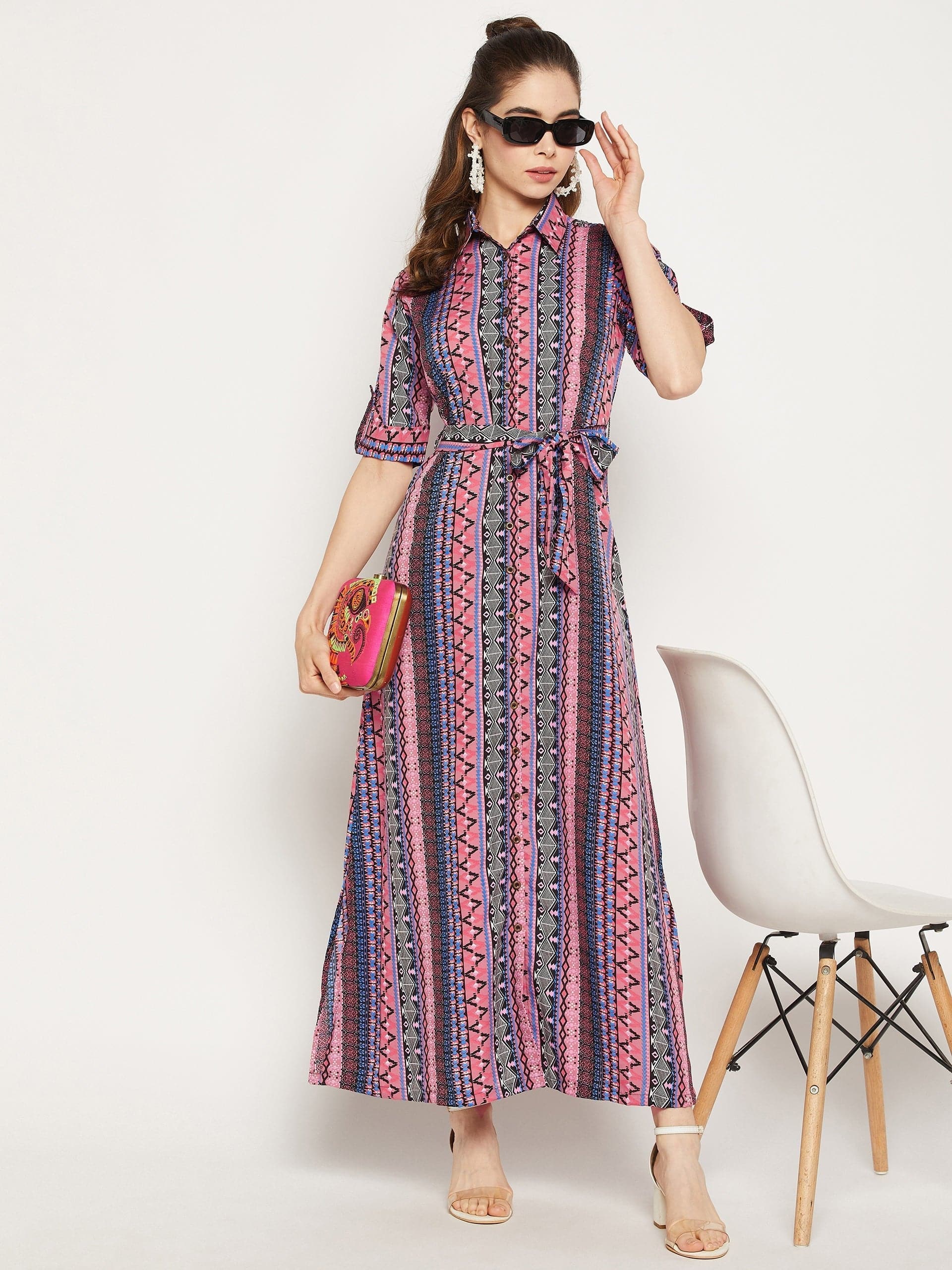 Collar Buttoned Down Shirt Maxi Dress - Pinkkup
