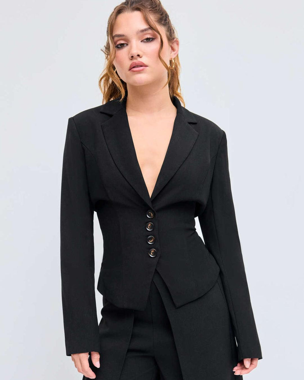 Woven Collar Solid Lace Up Button Blazer In Black