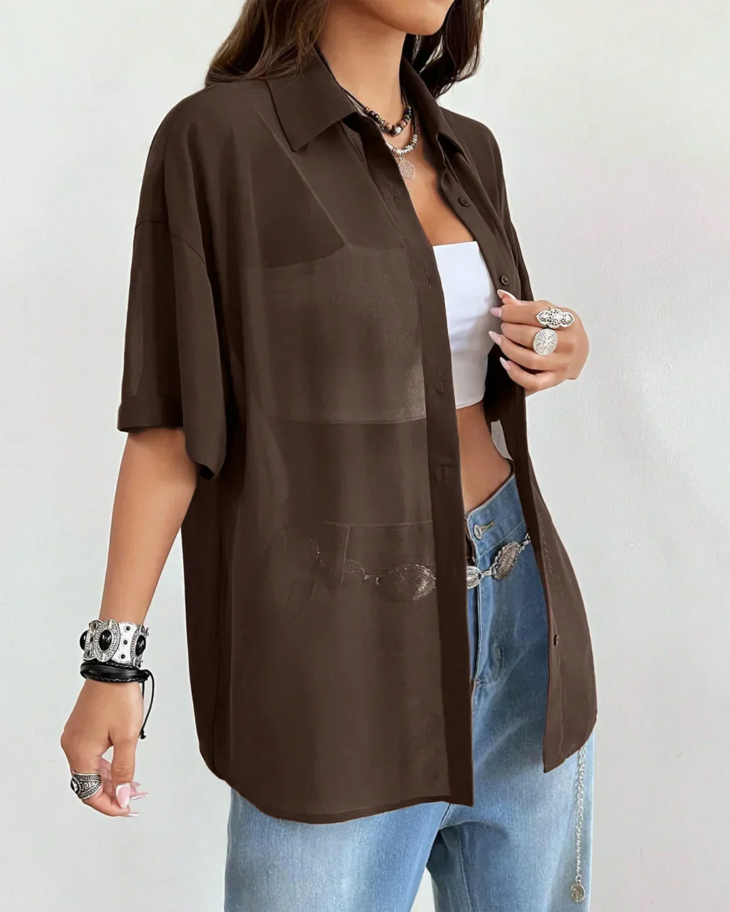 Sheer Button-Down Oversized Shirt in Coffee