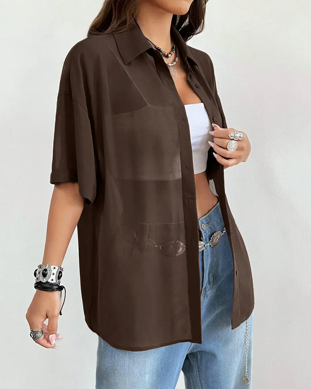Sheer Button-Down Oversized Shirt in Coffee
