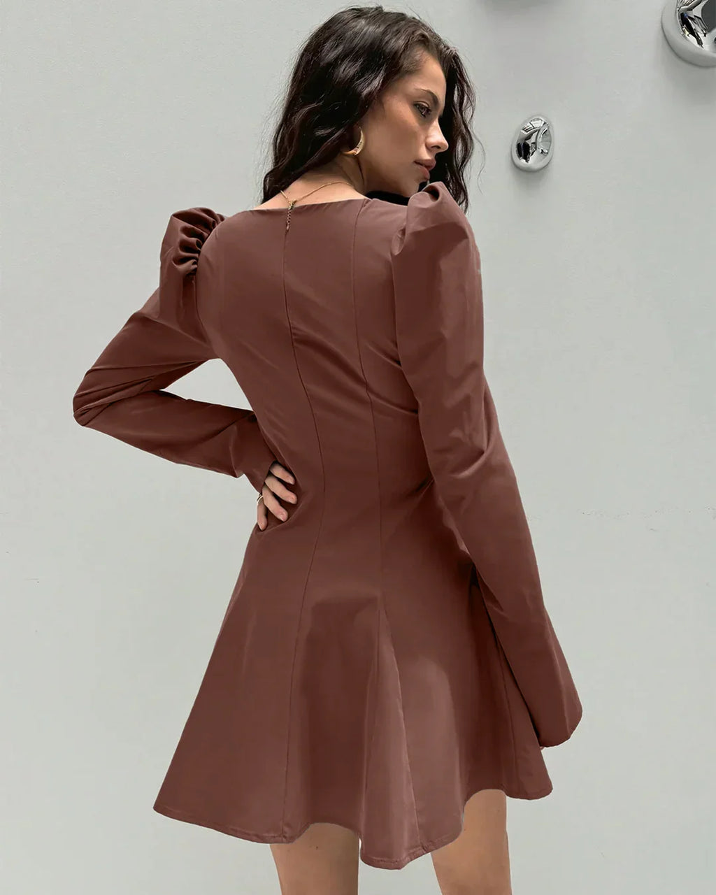 Ruched Bust Full Sleeve A-Line Mini Dress in Brown