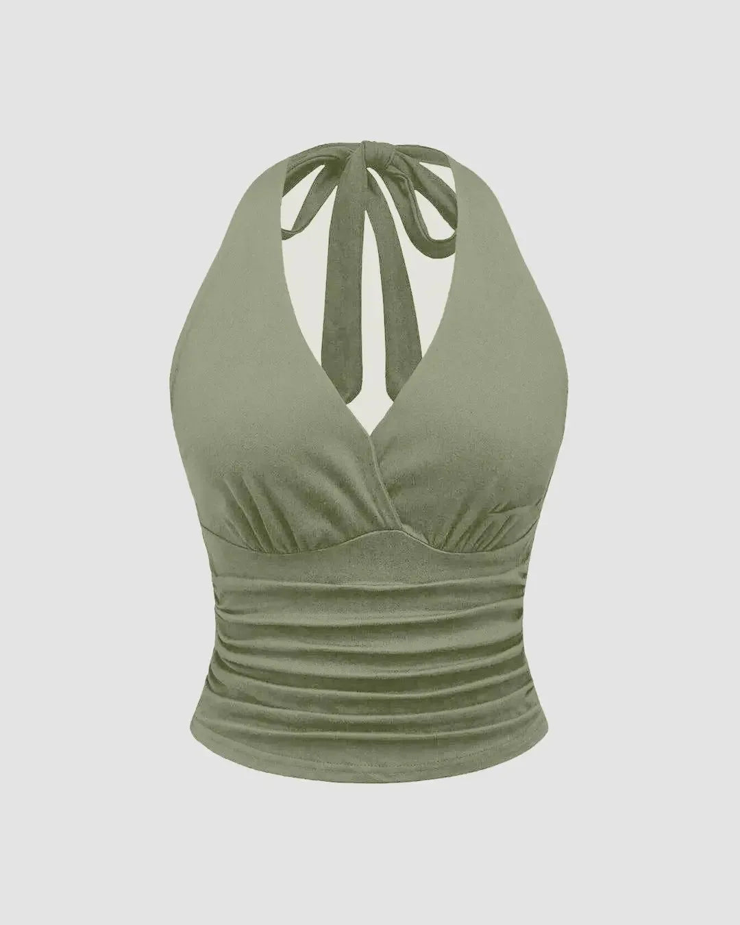Halter Tie Waist Ruched Fitted Chic Glamour Herbal Green Tank Top