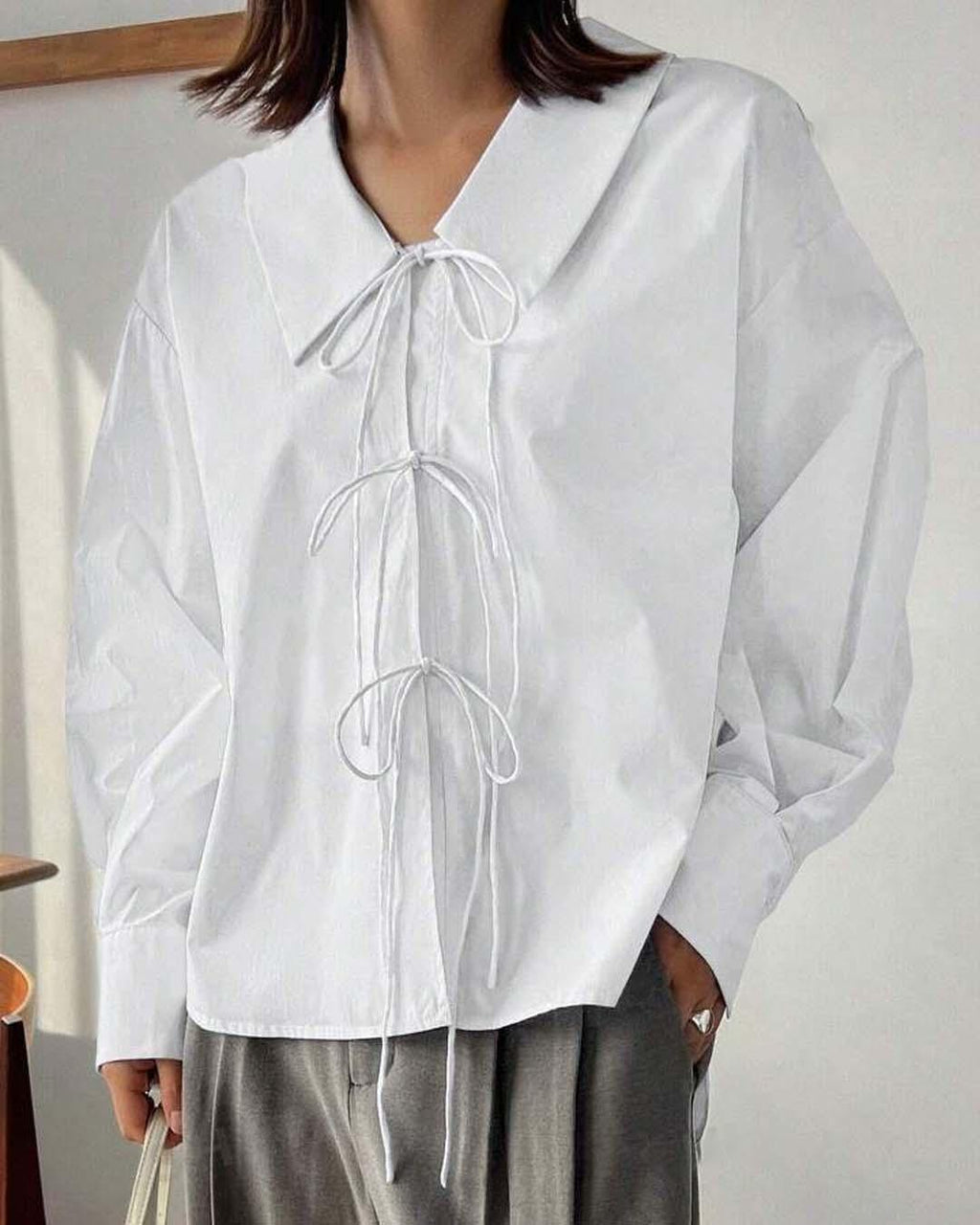 Solid Lace Up Long Sleeve Solid White Shirt