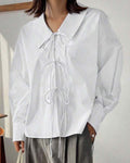 Solid Lace Up Long Sleeve Solid White Shirt