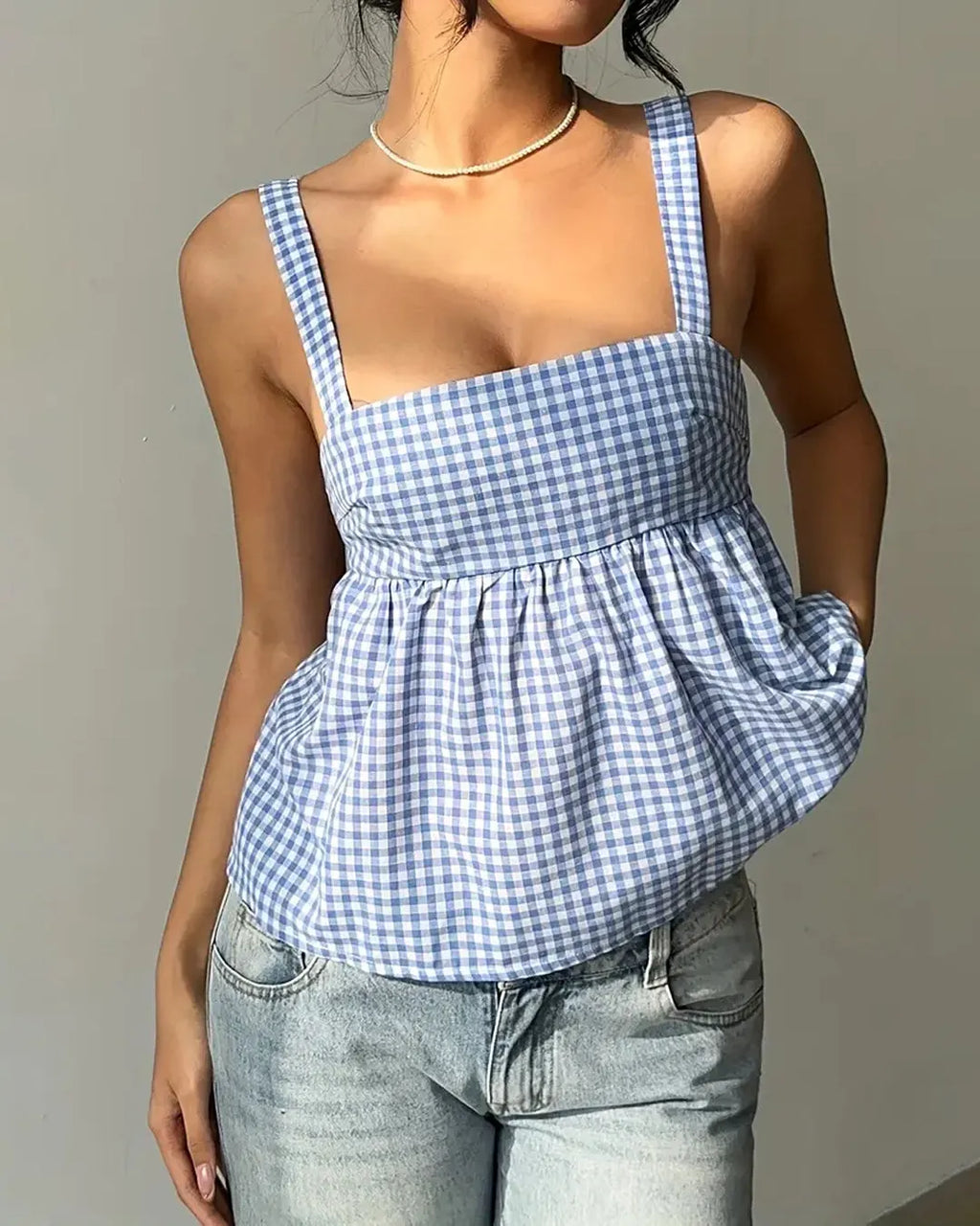 Sleeveless Gingham Flare Top