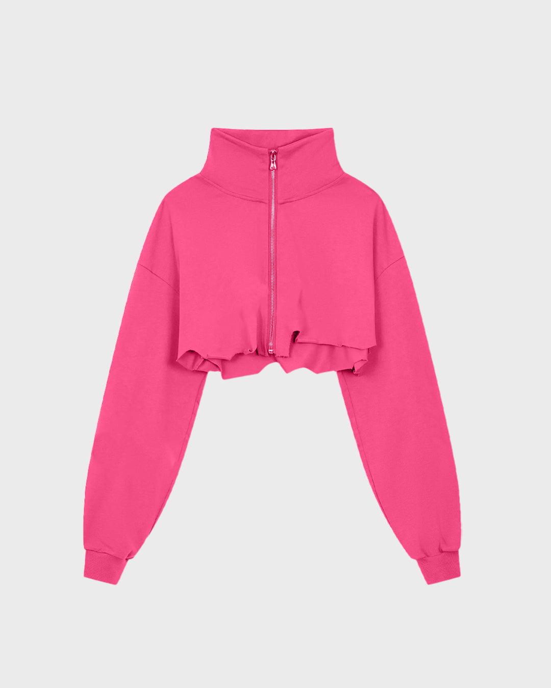 Set Crop Top With Long Sleeve Drawstring & Slim Joggers In Pink