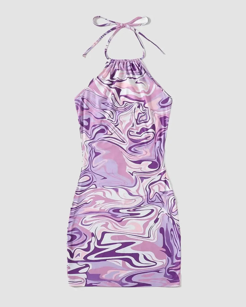 90s Marble Print Ruched Graphic Bodycon Dress