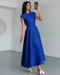 Boat Neck Flared Hem Midi Dress in Blue