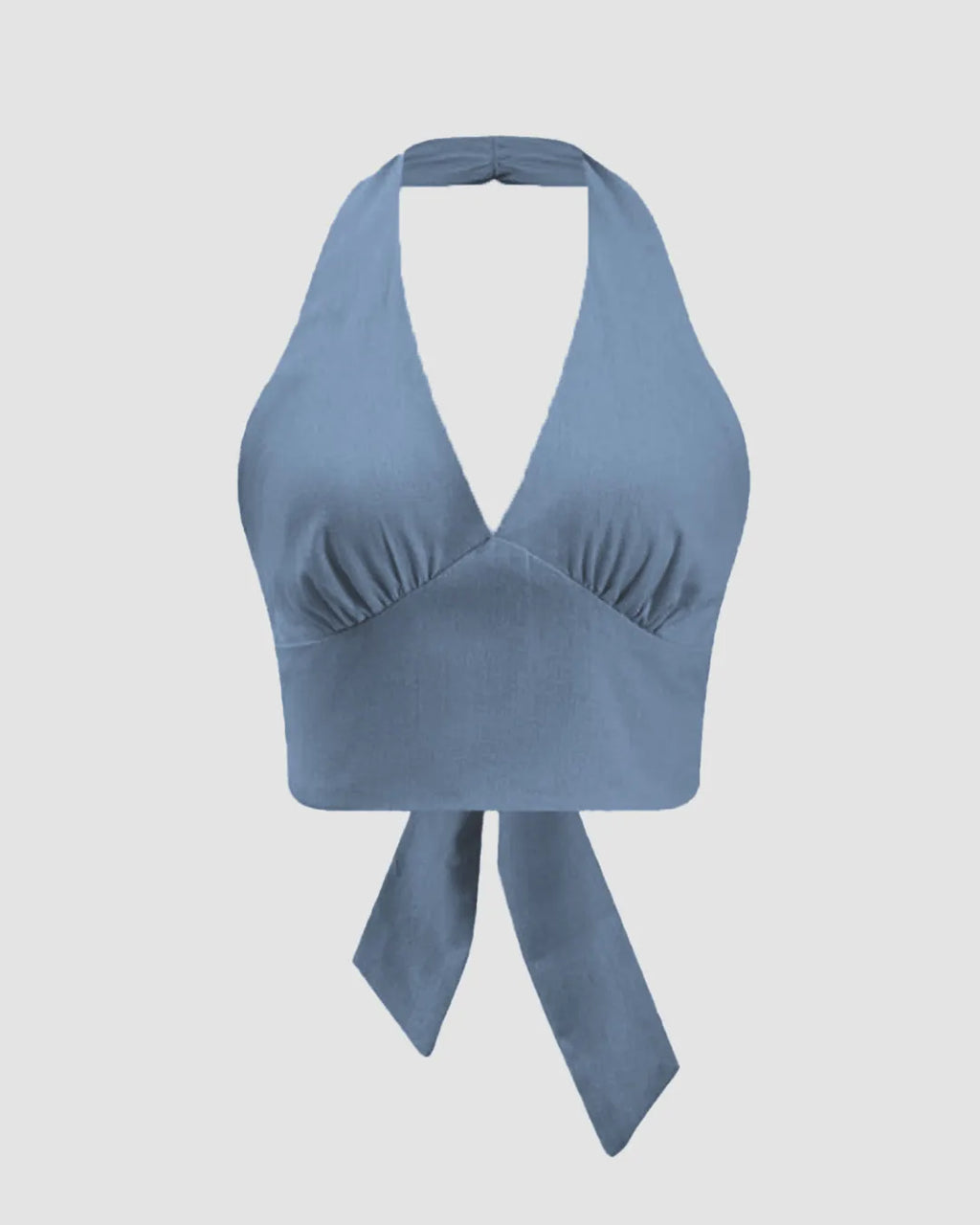 Solid Color Ruched Halter Neck Tie-Back Crop Top In French Blue