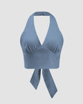 Solid Color Ruched Halter Neck Tie-Back Crop Top In French Blue