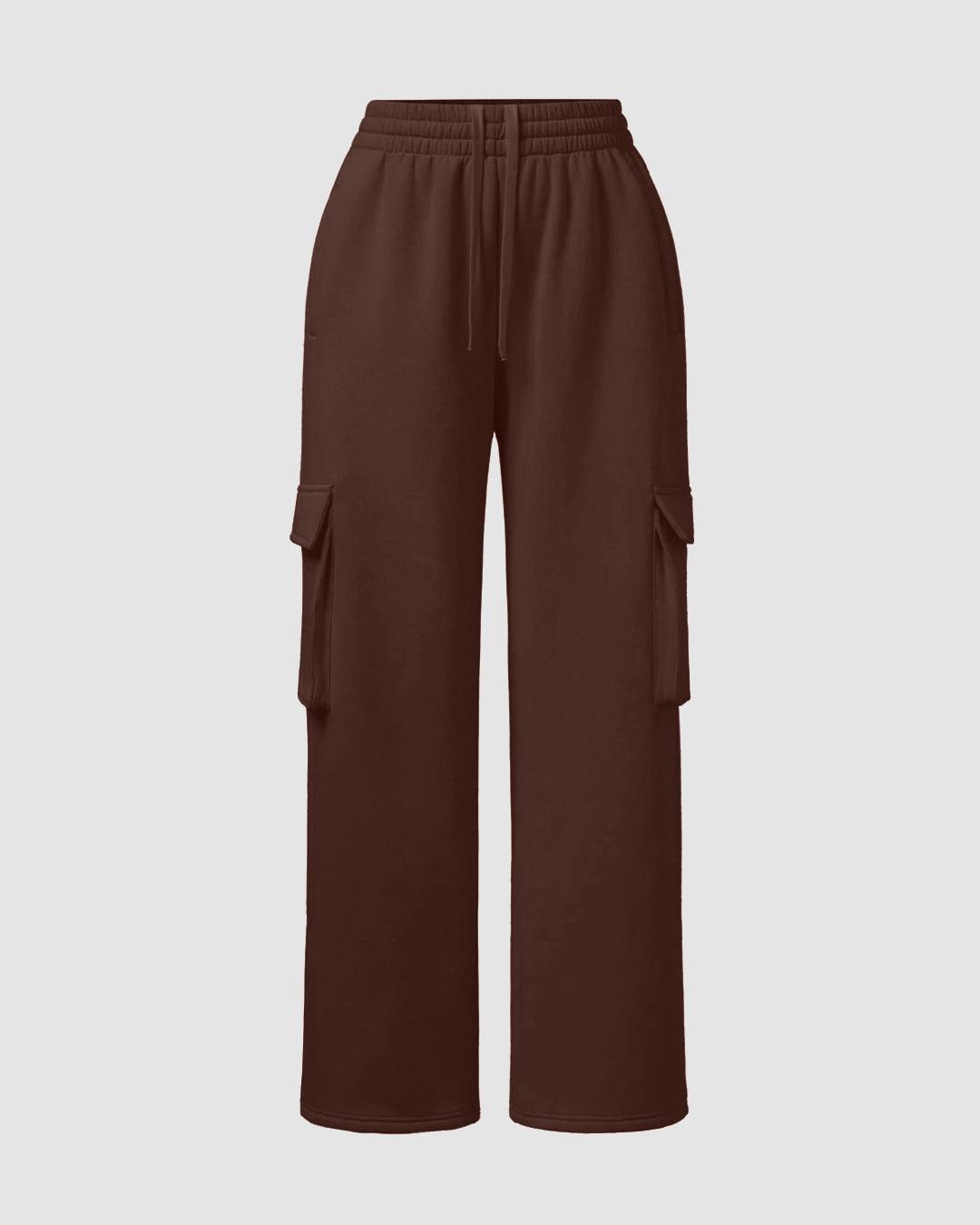 Polar Fleece Polo Sweatshirt & Elastic Waist Cargo Pants Two Piece Set Chocolate Brown