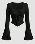 Ruched Front Square Neck Full Sleeve Top in Black