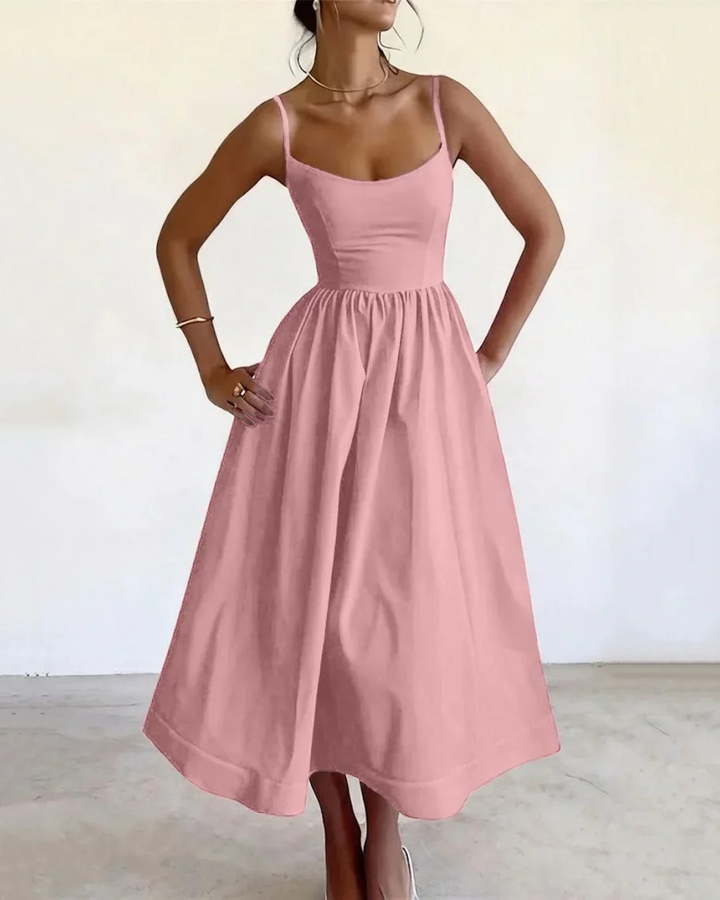 Powder Pink Spaghetti Strap Fit & Flare Midi Dress