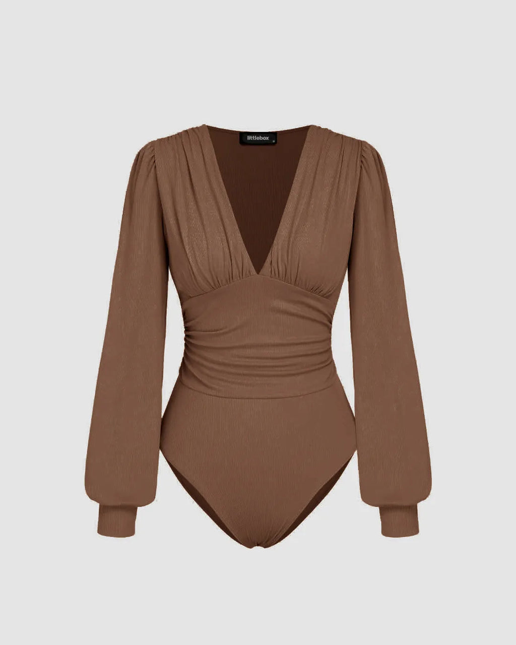 Plunging Neck Lantern Sleeve Brown Bodysuit