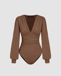 Plunging Neck Lantern Sleeve Brown Bodysuit