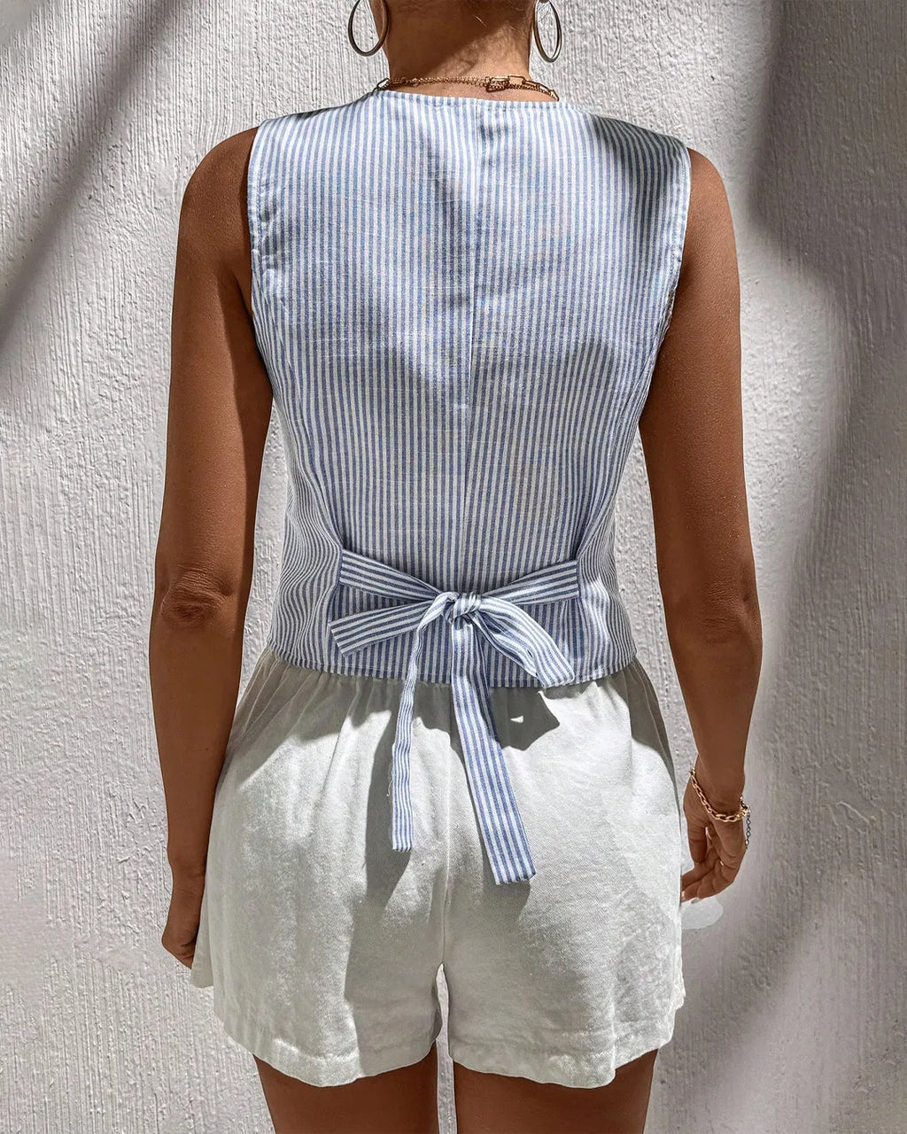 Blue and White Striped Sleeveless Button-Up Vest Top