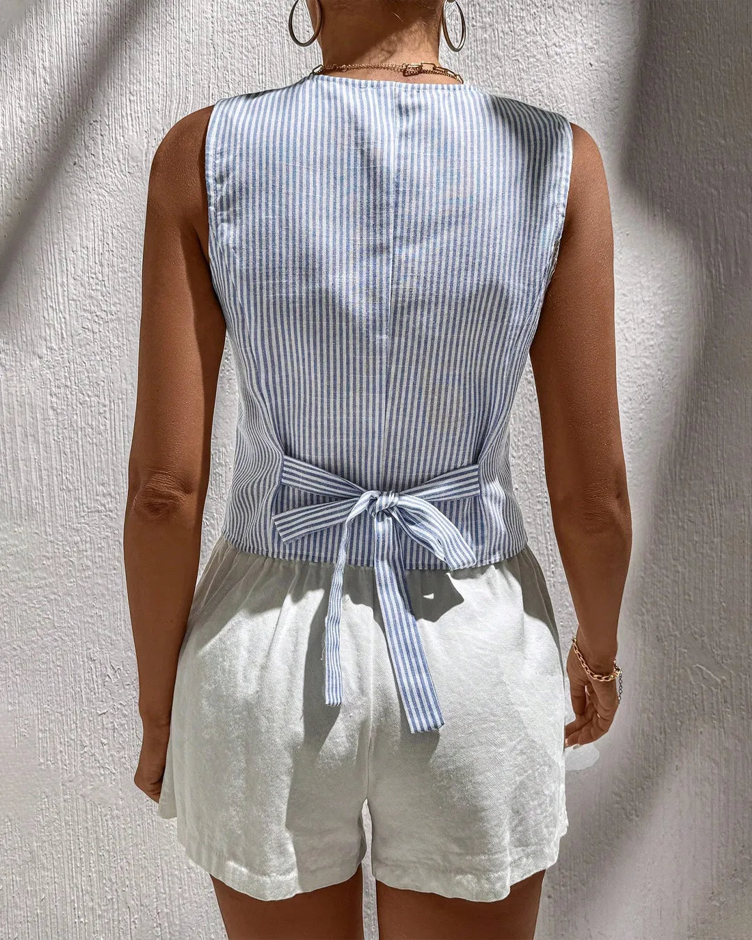 Blue and White Striped Sleeveless Button-Up Vest Top