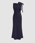 Boat Neck Solid Bowknot Maxi Dress In Navy Blue