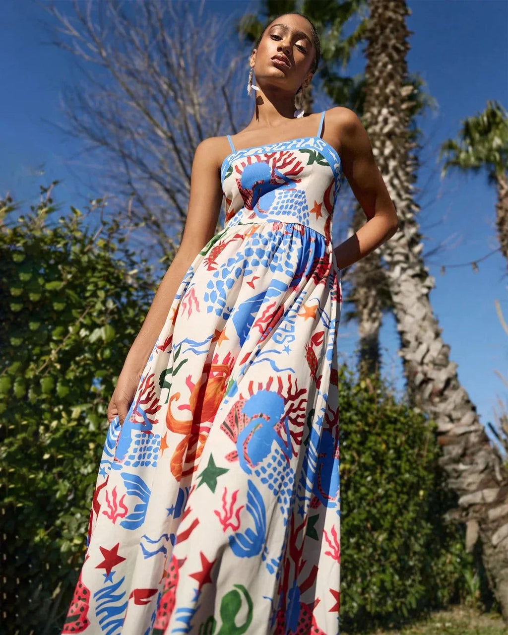 Spaghetti Strap Printed Fit & Flare Maxi Dress