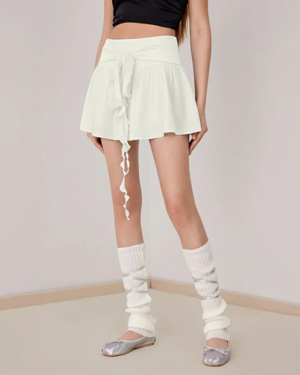 Knotted Ruffle High Waist Mini Skirt in Milky White