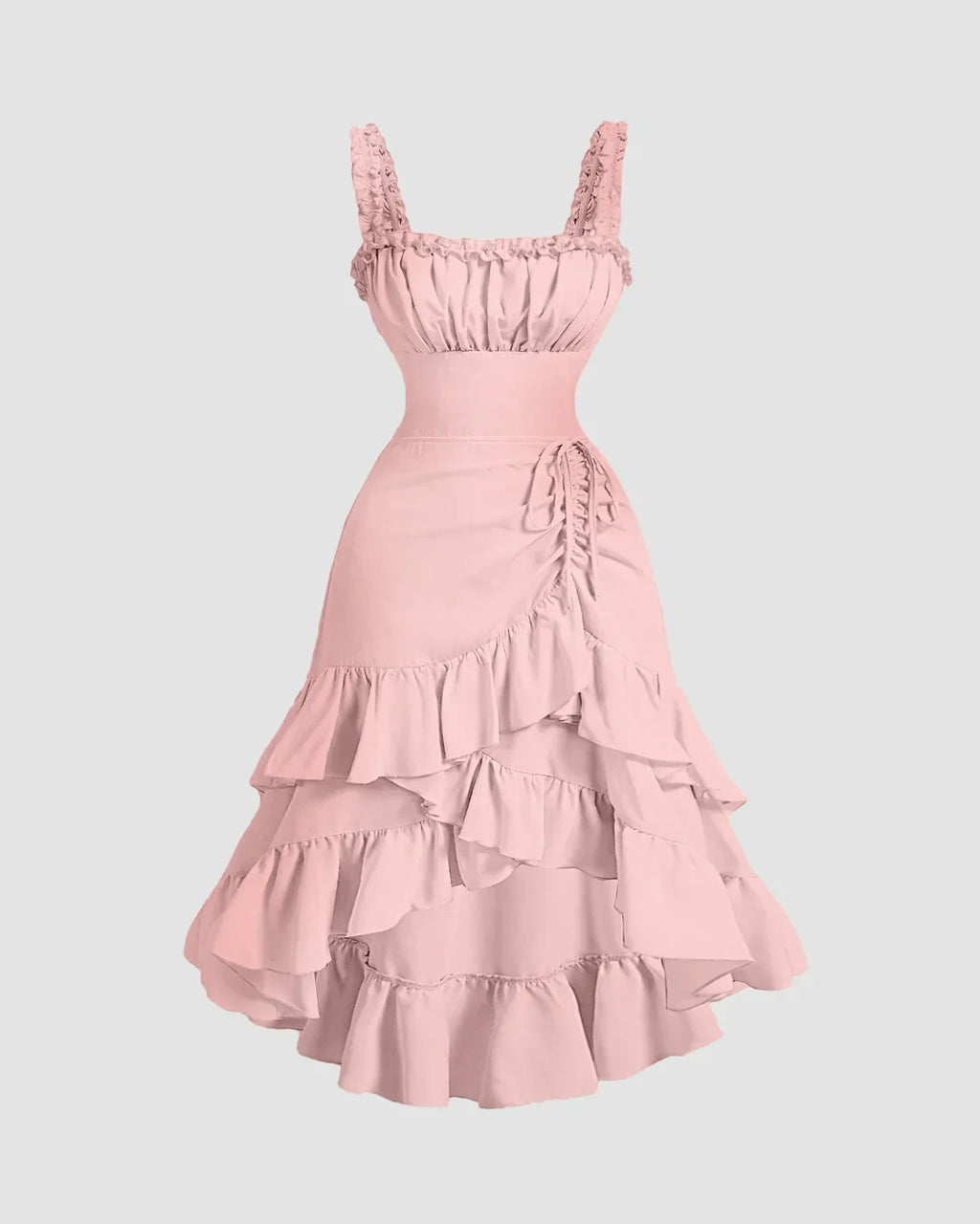 Powder Pink Ruched Square Neck Ruffle High-Low Midi Dress with Ruffle Hem