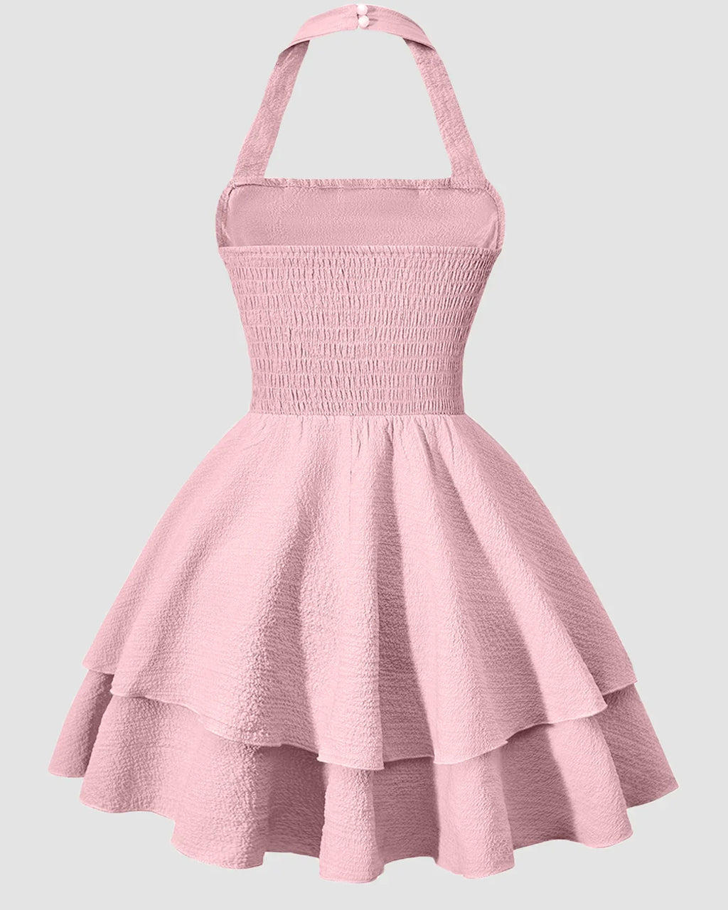 Halter Neck Ruched Waist Tiered Mini Dress in Baby Pink